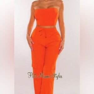 HOT MIAMI STYLE Tangerine Ribbed Strapless Boned Crop Set , size small